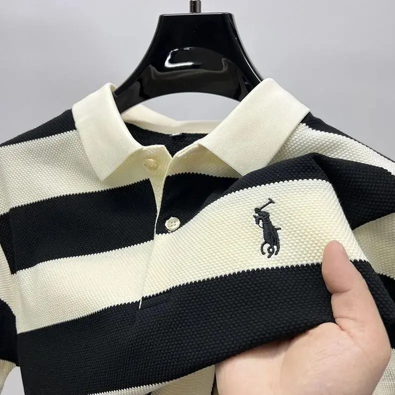 2024 Áo sơ mi Polo mới Nửa tay áo Xu hướng Sọc Áo thun Nam Ngắn tay Mùa hè Áo thun nam có ve áo Thêu Quần áo
