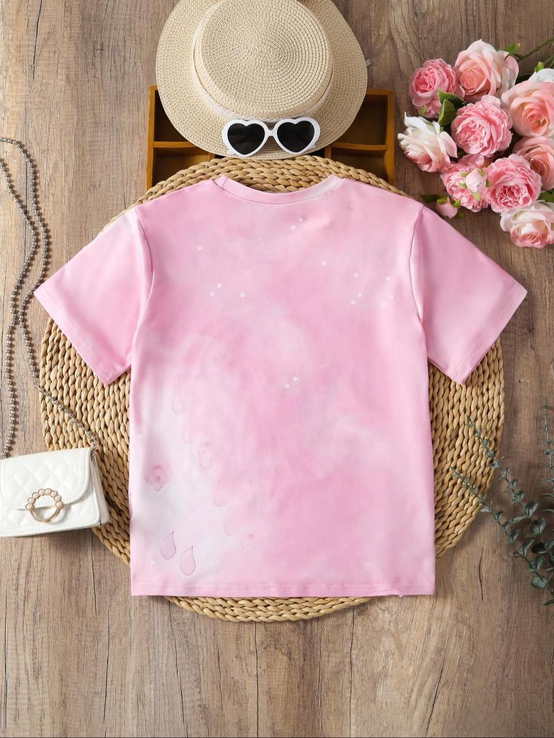 Product Introduction of Girl's Cat Print Round Neck Tee, Cute Casual Short Sleeve T-shirt for Summer, Kids Clothes for Daily Wear 2