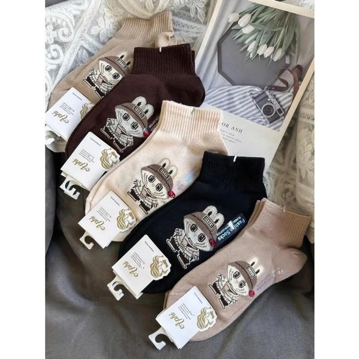 Set 10 đôi tất cổ ngắn tất vớ gấu labubu dễ thương chất cotton co giãn đẹp xᶖnh thời trang mẫu mới Women