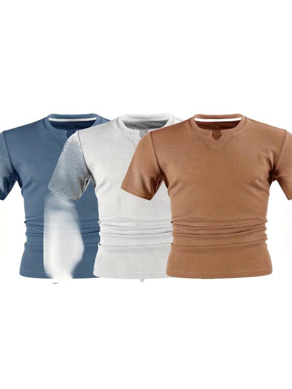 Men's Regular Fit Plain Notched Neck Waffle Knit Tee, Casual Short Sleeve T-shirt for Summer, Clothing, Men's Top for Daily Wear 7