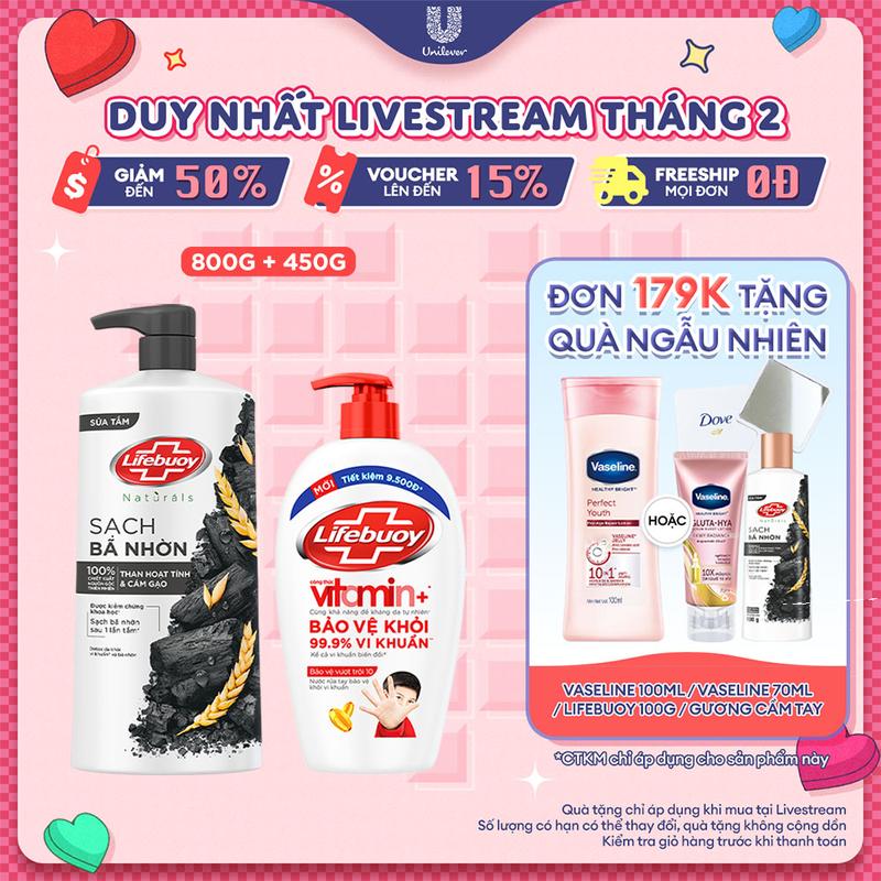 Bộ Đôi Sữa Tắm Lifebuoy Detox Than Hoạt Tính & Cám Gạo Hỗ Trợ Loại Bỏ Bã Nhờn Chai 800g + Nước Rửa Tay Lifebuoy Công thức Vitamin+ Hỗ Trợ Bảo Vệ Vượt Trội 10 450g/Chai [1]