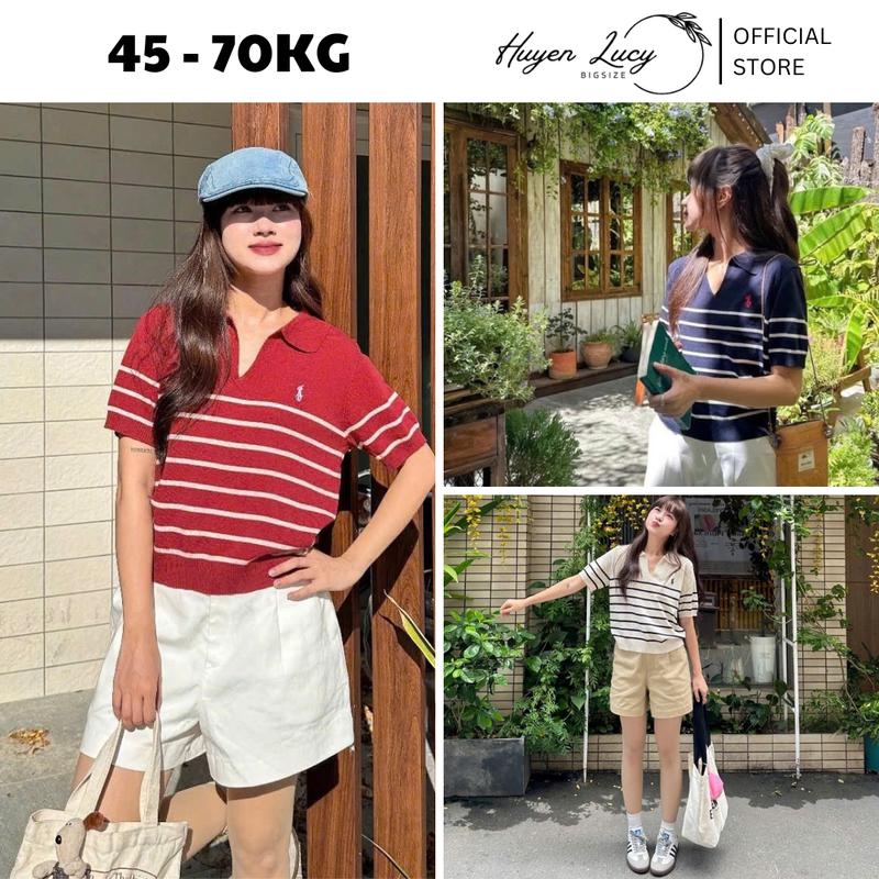 Áo len Mongtoghi polo cộc tay kẻ ngang basic unisex freesize dưới 75kg trẻ trung thời trang hottrend Huyền Lucy Bigsize