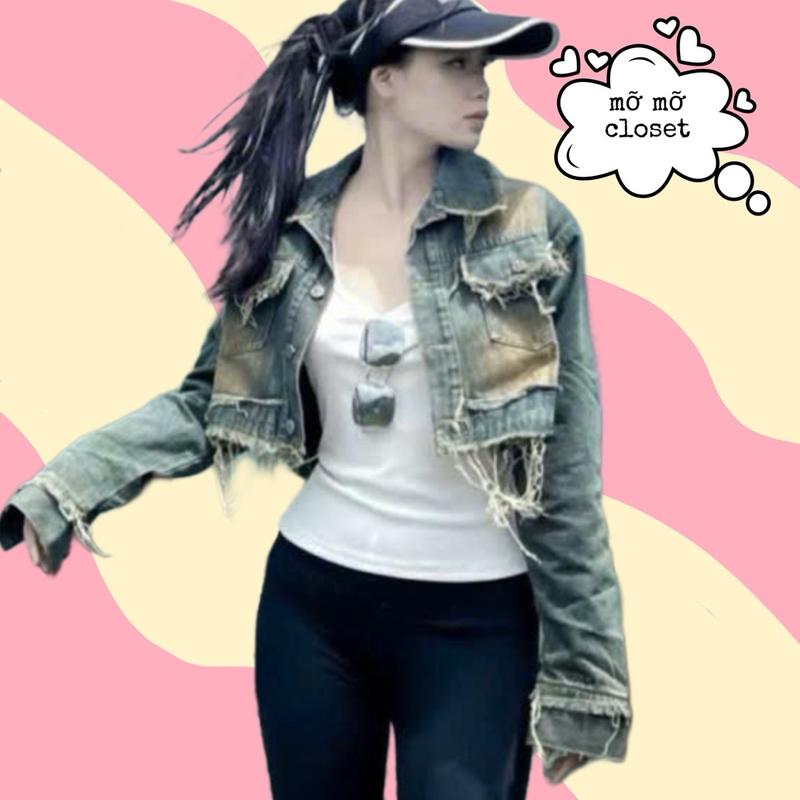 Áo khoác jean lửng bụi phối cổ rách wax bụi aj542 unisex nam nữ Jacket Kaki