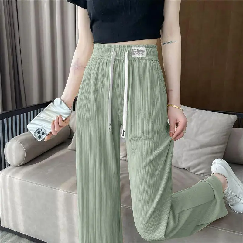 Quần Ống Rộng, Một Mảnh Hai Mảnh, Chất Liệu Lụa Lạnh, Dáng Ôm, Cạp Cao, Dài Ống Xuông, Thường Ngày Thích Hợp Cho Mùa Hè, Dành Cho Nữ, Quần Lau Nhà Women Voi Nhung Pants Xám Ong