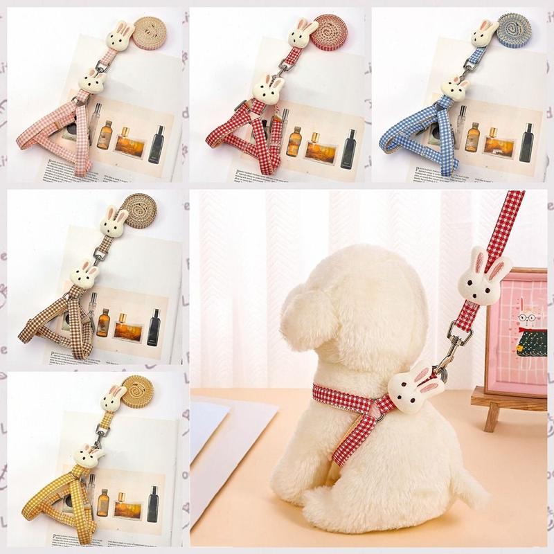 Product Introduction of Pet Harness Rabbit Doll Dog Plaid Chest Vest Cloth With Leash Rabbit Doll Dog Harness Adjustable Dog Chest Strap Puppy 8