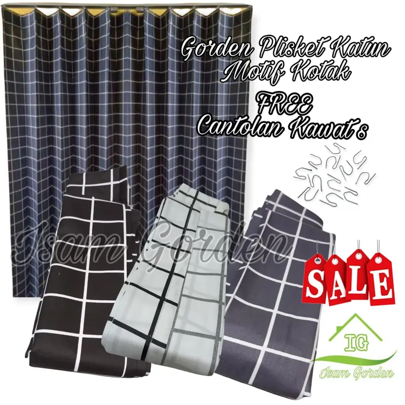 Gorden Plisket Katun Motif Kotak untuk pintu dan jendela kain benang Dekorasi 0