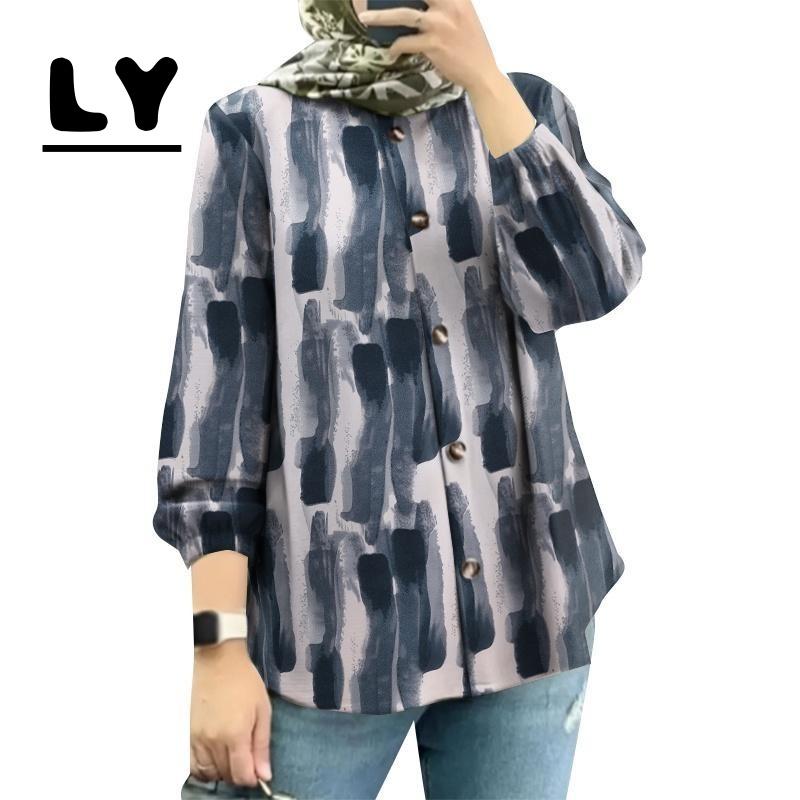 Product Introduction of New 2025baju Women's Muslim Button Lantern Sleeve Round Neck Printed Shirt 23