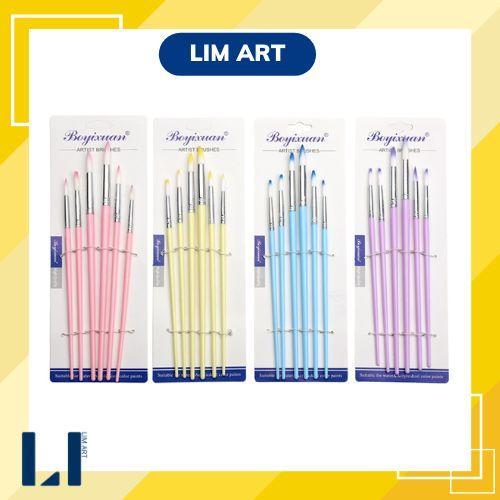 Set 6 cọ vẽ lông mềm màu macaron chuyên dụng vẽ tranh màu acrylic, màu gouache