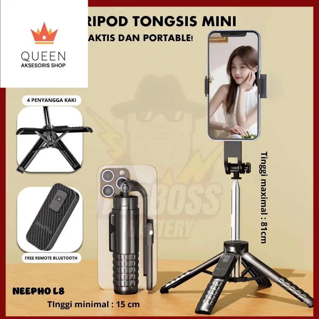 Neepho L8 A33 80CM Tongsis Tripod Bluetooth Selfie Stick Tripod Super Mini for Smartphone Original Ready Jakarta