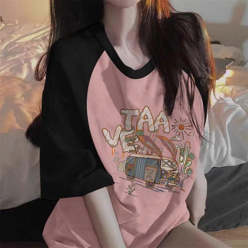 Product Introduction of Dopamine New Summer New American Contrast Color Raglan Short-Sleeved T-shirt Women's Loose Oversize Niche Top 5
