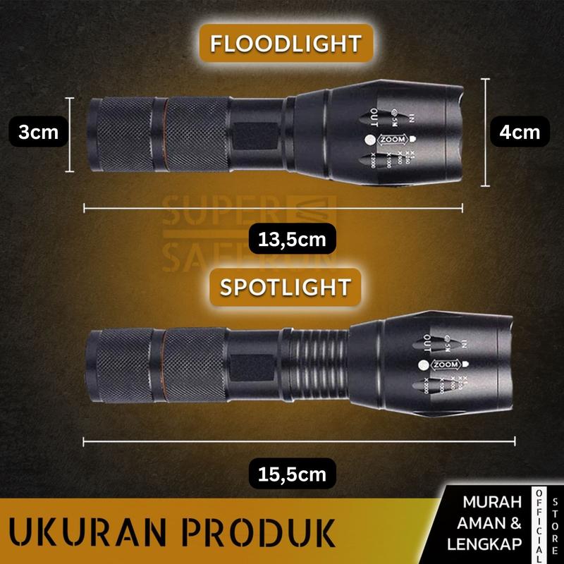Senter Super Terang Waterproof LED Rechargeable Baterai Tactical Anti Air Lampu SWAT Zoom Murah Free Charger 4