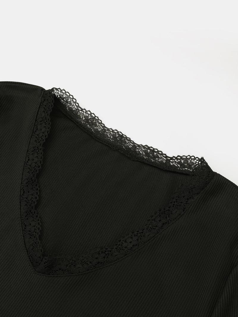 Product Introduction of YOZY Women's Contrast Lace V Neck Bodysuit, Casual Comfy Ribbed Long Sleeve Bodysuit for Daily Wear, Ladies Clothes for All Seasons 17