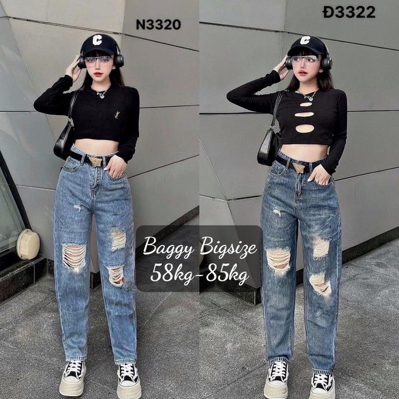 Quần Baggy Nữ BigSize Từ 58kg-85kg, Rách Thời Trang, Màu Xanh Dơ Lưng Siêu Cao, Form Rộng Thoái Mái, Women Jean