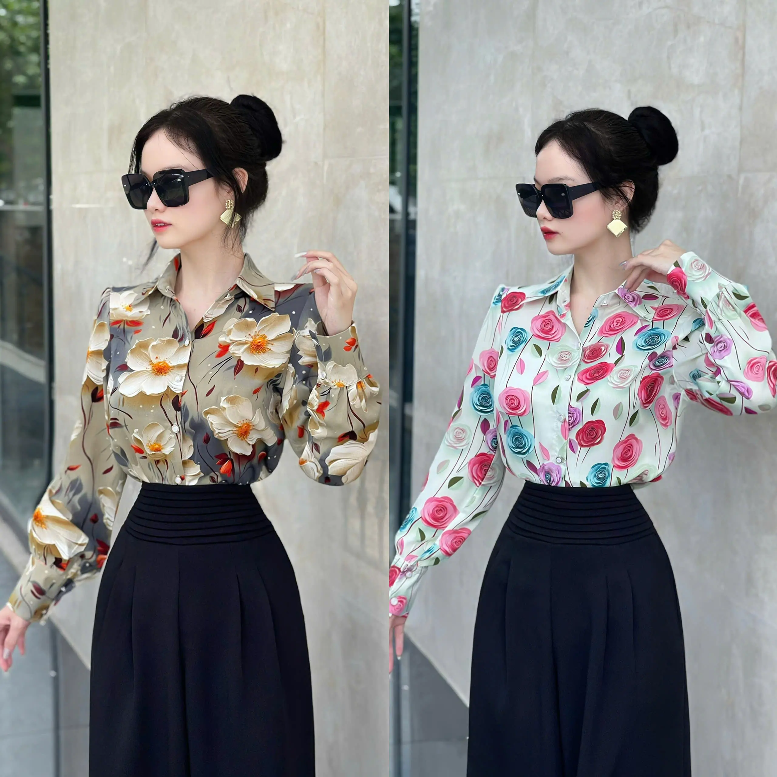 Áo Sơ Mi [ Mango 1 Lớp - Tơ Thêu 2 Lớp ] Thiết Kế EMME Tay Dài Họa Tiết Hoa Dành Cho Nữ Top Women Nhung New Voan 01 A396