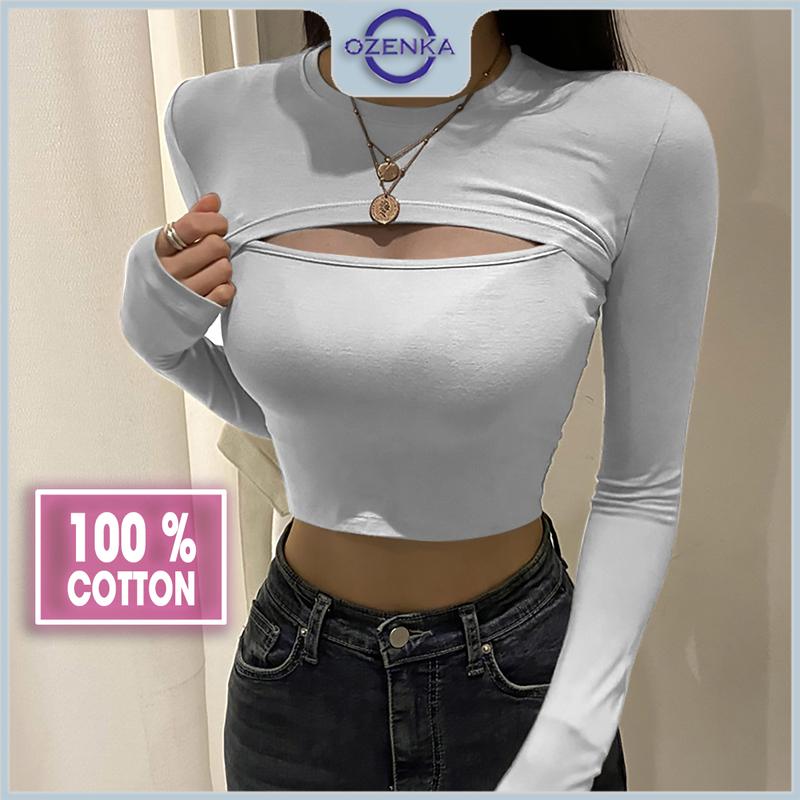 Áo croptop nữ tay dài đắp layer gợi cảm Ozenka , áo crt kiểu ôm body thun cotton màu đen trắng dưới 55 kg Cổ Tròn Áo Thun Shirt Sơ Mi Jean Women Women