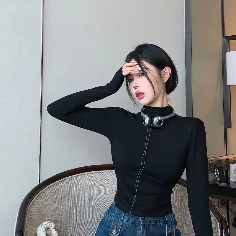 Áo croptop tay dài cổ cao 3p mới 2024 thời trang crt Nữ Nâu Thun A2 Voi Women Voan Shirt Jean Kem 4