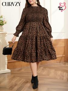 CURVZY Plus Size All Over Print Shirred Ruffle Hem Dress, Plus Casual Fashion Long Sleeve Dress for Daily Outdoor Wear, Women Plus Clothing for Spring & Fall