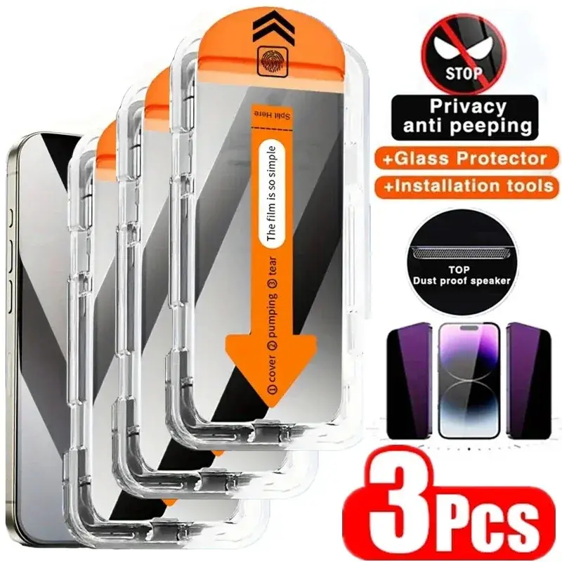 Bảo Vệ Màn Hình Riêng Tư, 3 Cái, Lắp Đặt Không Bụi, Kính Chống Gián Điệp, Tương Thích Với IPhone 14, 11, 12, 13, 15, 16, Pro Max, 7, 8 Plus, Mini, X, XR, XS