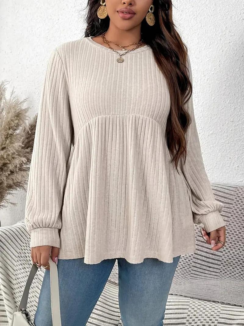 Product Introduction of 【Plus Size】Solid Color Ribbed T-shirts, Casual Long Sleeve Round Neck Top for Daily Wear, Women's Plus Clothing for All Seasons 1
