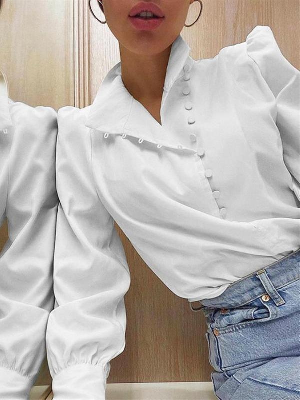 Women's Plain Button Front Puff Sleeve Blouse, Elegant Long Sleeve Stand Collar Top for Spring & Fall, Ladies Clothes for Daily Wear 2