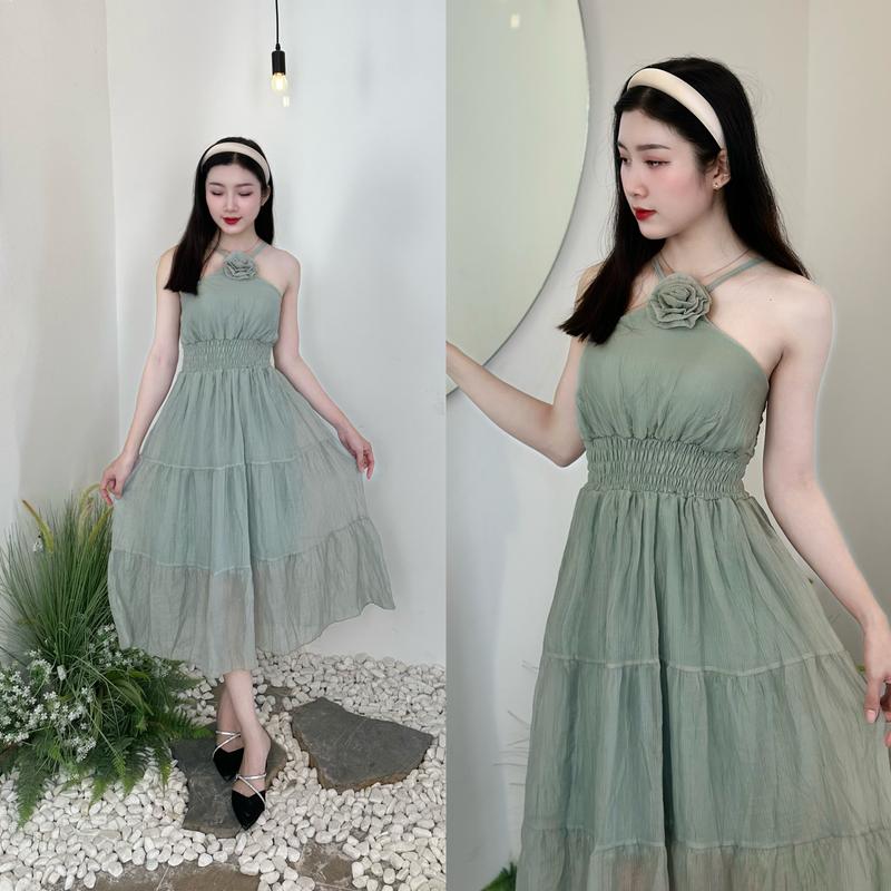 [D07] Đầm Maxi cổ yếm đính hoa dáng dài đi biển cách điệu_Anh Thư