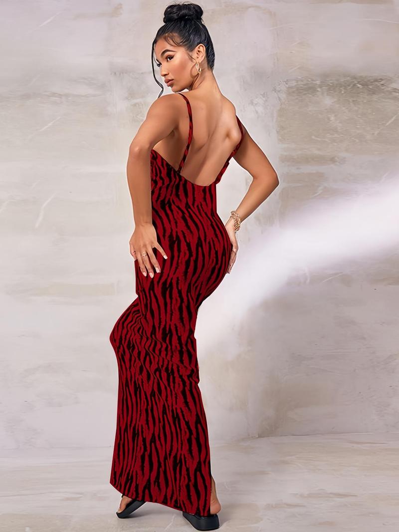 Product Introduction of Women's Zebra Stripe Print Backless Cami Dress, Adjustable Strap Cowl Neck Maxi Dress for Beach Holiday Vacation, Summer Dresses, Ladies Clothes for All Seasons Valentine's Day, gift 8