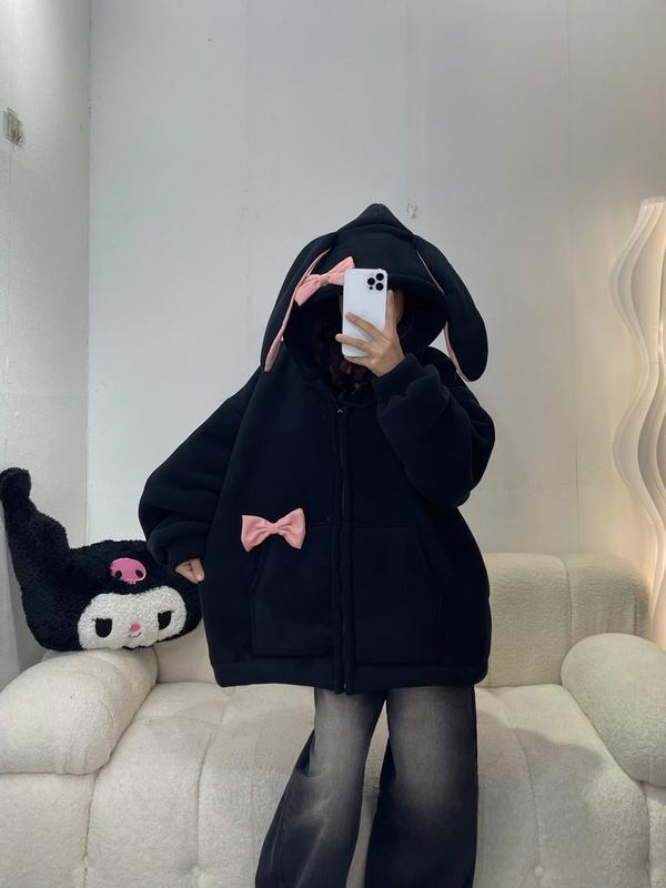 ÁO KHOÁC TAI THỎ HỒNG SIU CUTE Hoodie Top 2 LỚP MŨ TO + TẶNG KÈM 2 NƠ CÀI - Nỉ lót lông a o áo hoodie girl phố áo hoodie  girl phố áo  hoodie dày áo  hoodie Women Kem