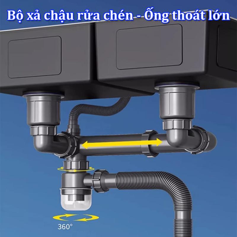 Bộ xi phông xả chậu rửa chén đôi 2 hộc VN-001 - Ống thoát lớn giúp nước xả nhanh, chống hôi, bầu xả cặn