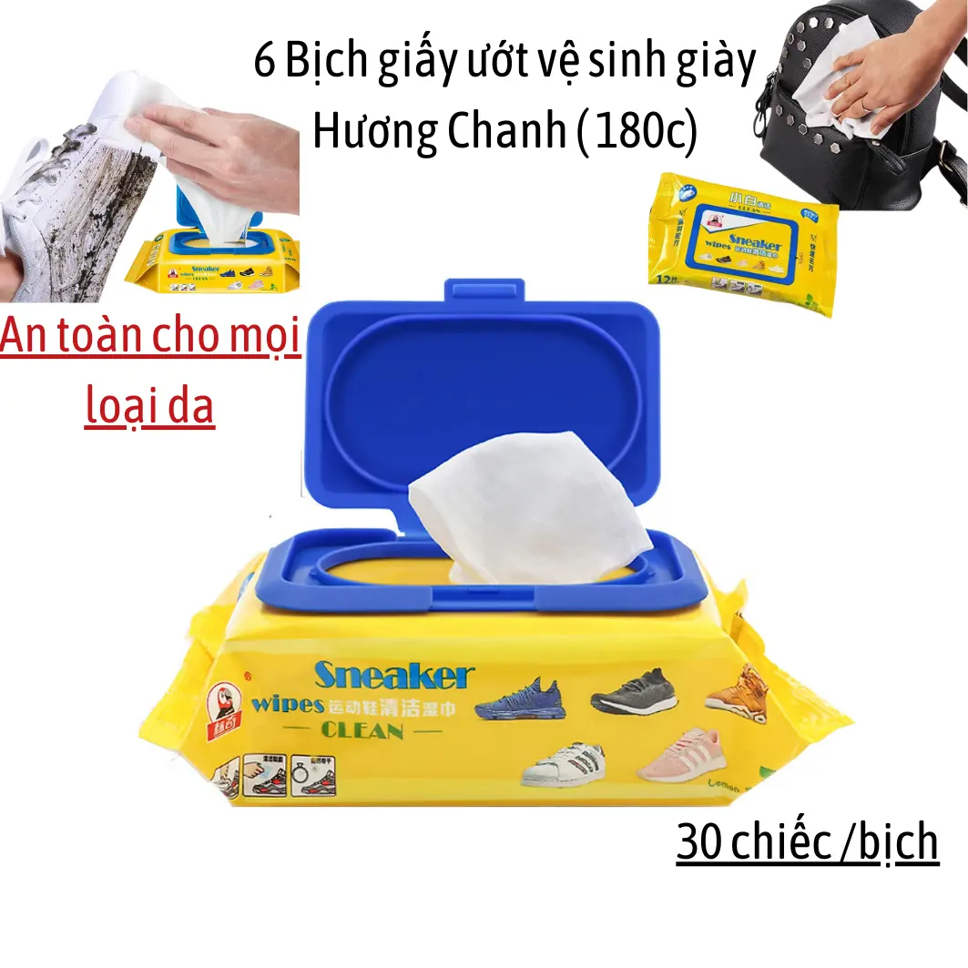 Combo 6 hộp Khăn giấy lau giày M.H.DUCK , 180 chiếc, Hương Chanh , phù hợp với mọi loại da giày