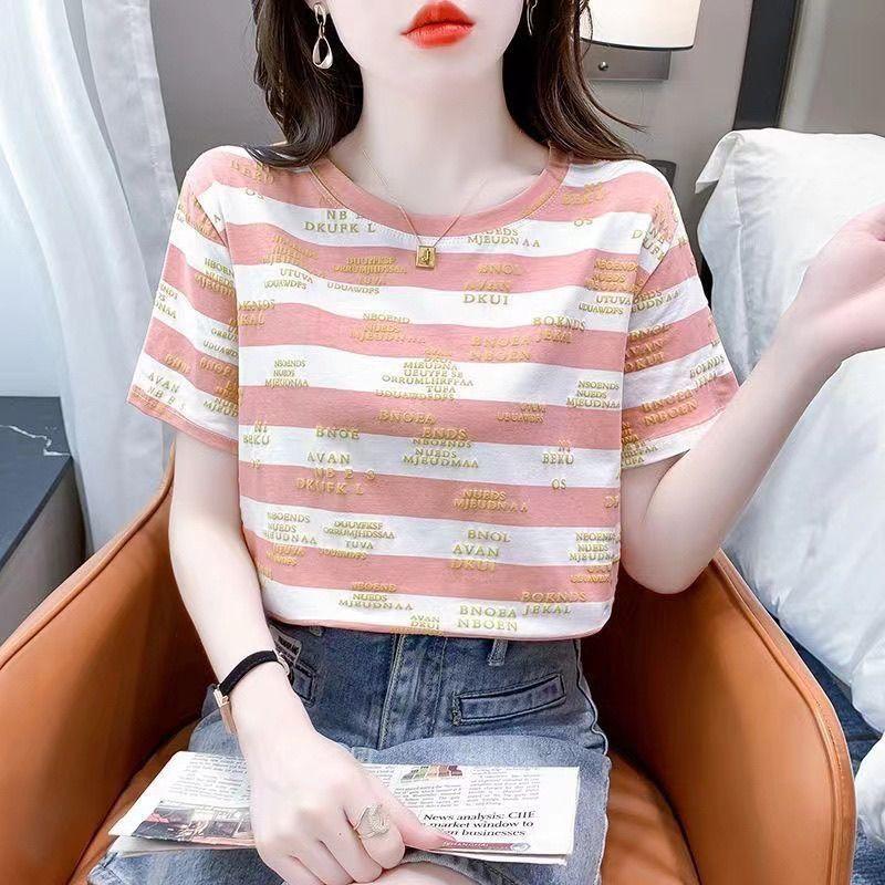 Áo Thun Tay Lửng Quần Áo Nữ, Phong Cách Mùa Hè Hàn Quốc, Thời Trang, Áo Thun ngắn Tay Kẻ Sọc, Dáng Rộng Vừa Vặn, Bộ Sưu Tập Mùa Hè 2024, Thích Hợp Mặc Hàng Đầuáo phông nữ 3