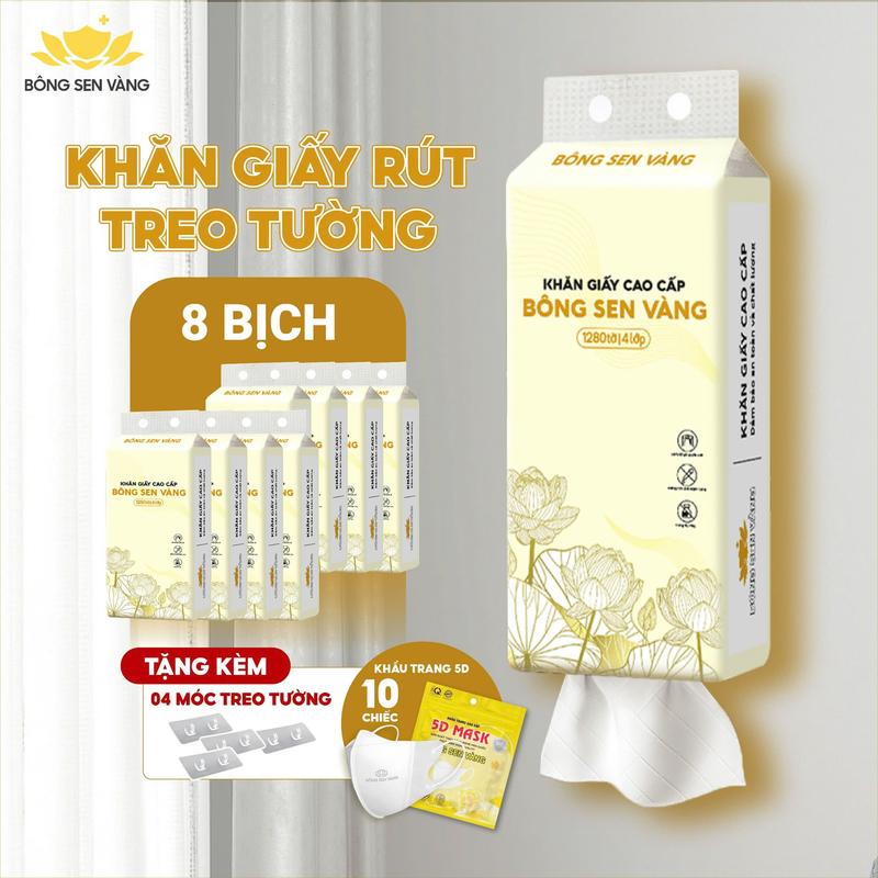 Thùng 8 Bịch Khăn Giấy Rút Treo Tường Bông Sen Vàng Tặng 10c khẩu trang 5D + 4 móc treo tường - Khăn giấy & khăn lau