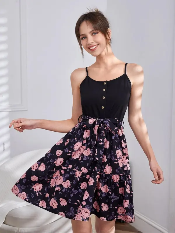 Women's Floral Print Belted Ruffle Hem Cami Dress, Elegant Adjustable Spaghetti Strap Fake Button Design A Line Cinched Waist Cami Dress for Vacation Holiday Wedding Guest, Ladies Clothes for All Seasons 2