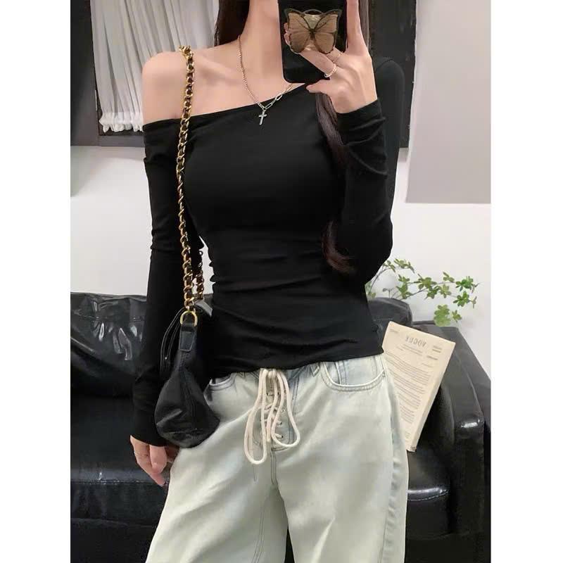Áo thun dài tay lệch vai cotton mịn DALIE áo ôm body dài tay tôn dáng trẻ trung - A08 1