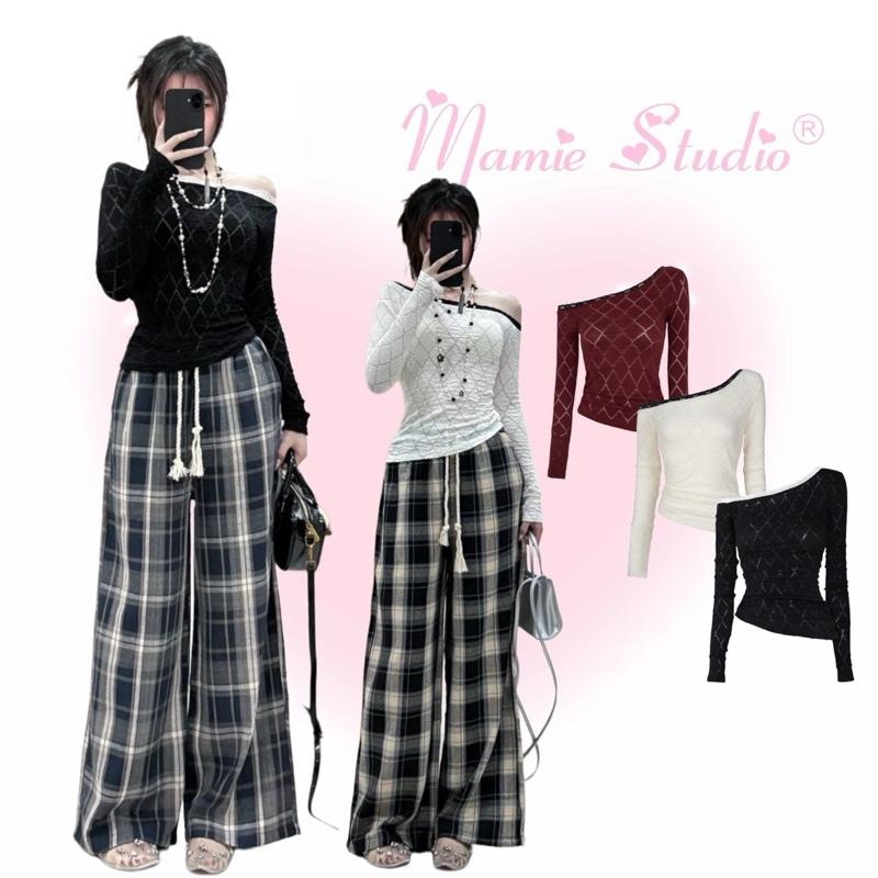 Áo lệch vai MaMie, thun nữ tay dài chất liệu xuyên thấu nhẹ, vải xốp co giãn thoải mái