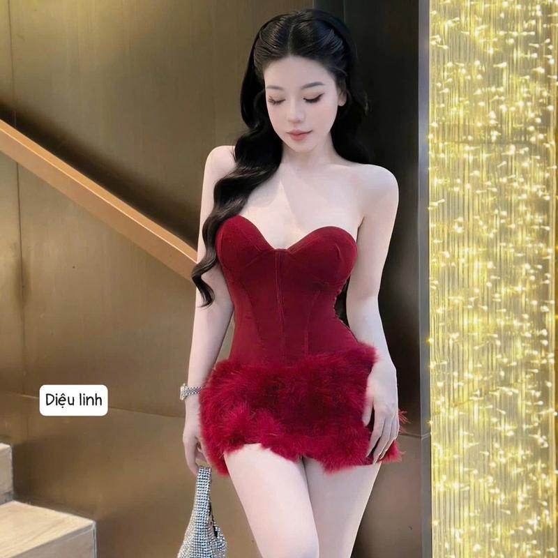 Đầm thiết kế cúp ngực phối chân lông  ôm body dáng ngắn 1