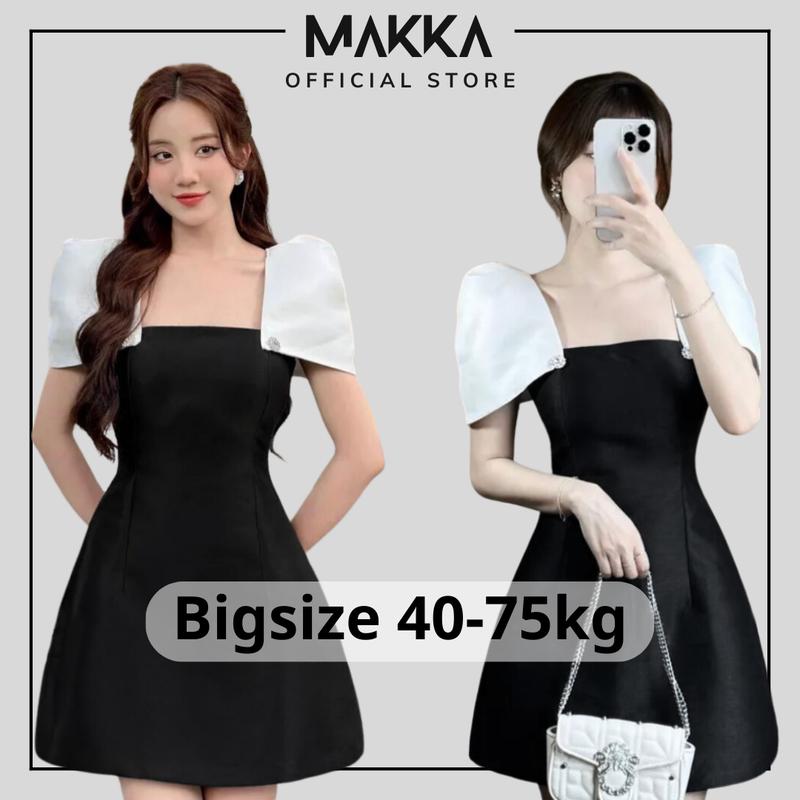 Váy nữ thiết kế bigsize MAKKA váy tafta đen cổ vuông phối cúc ngọc tay trắng bồng 598 Women Dress Màu Đen