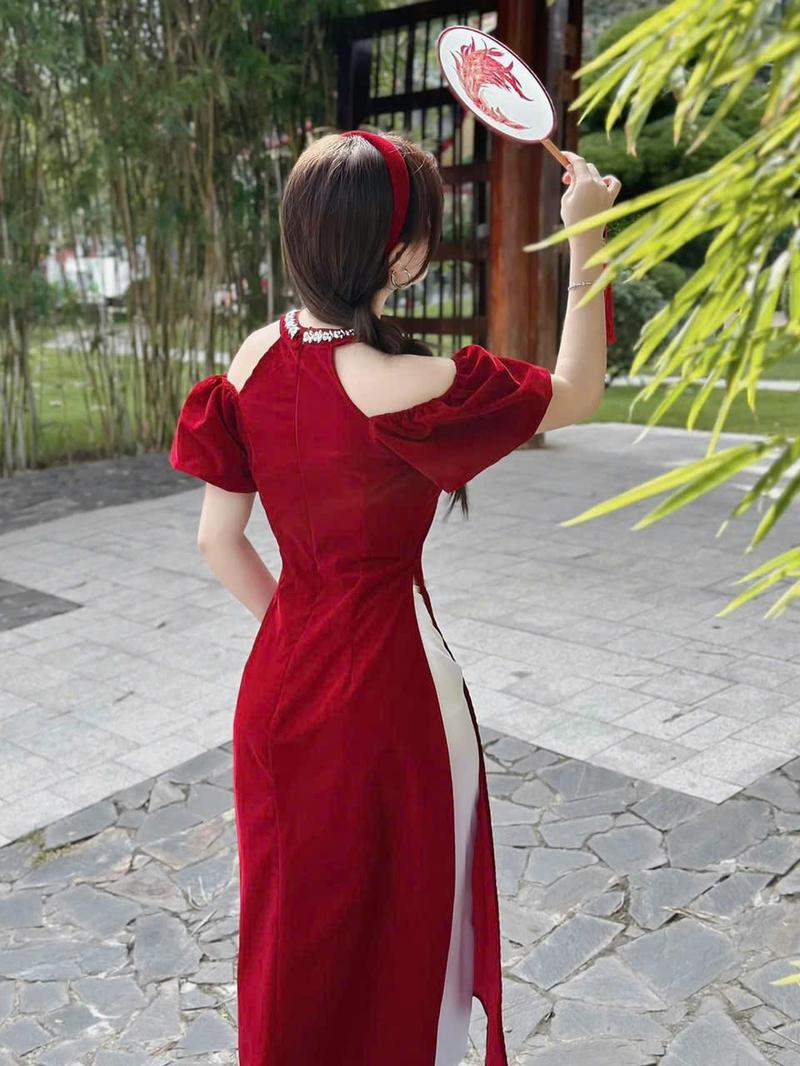 Product Introduction of Sét Áo Dài nữ cách tân, Đính cườm, tay ngắn, Thích Hợp Cho DỊP TẾT Women Nhung Dress Màu Đỏ 25