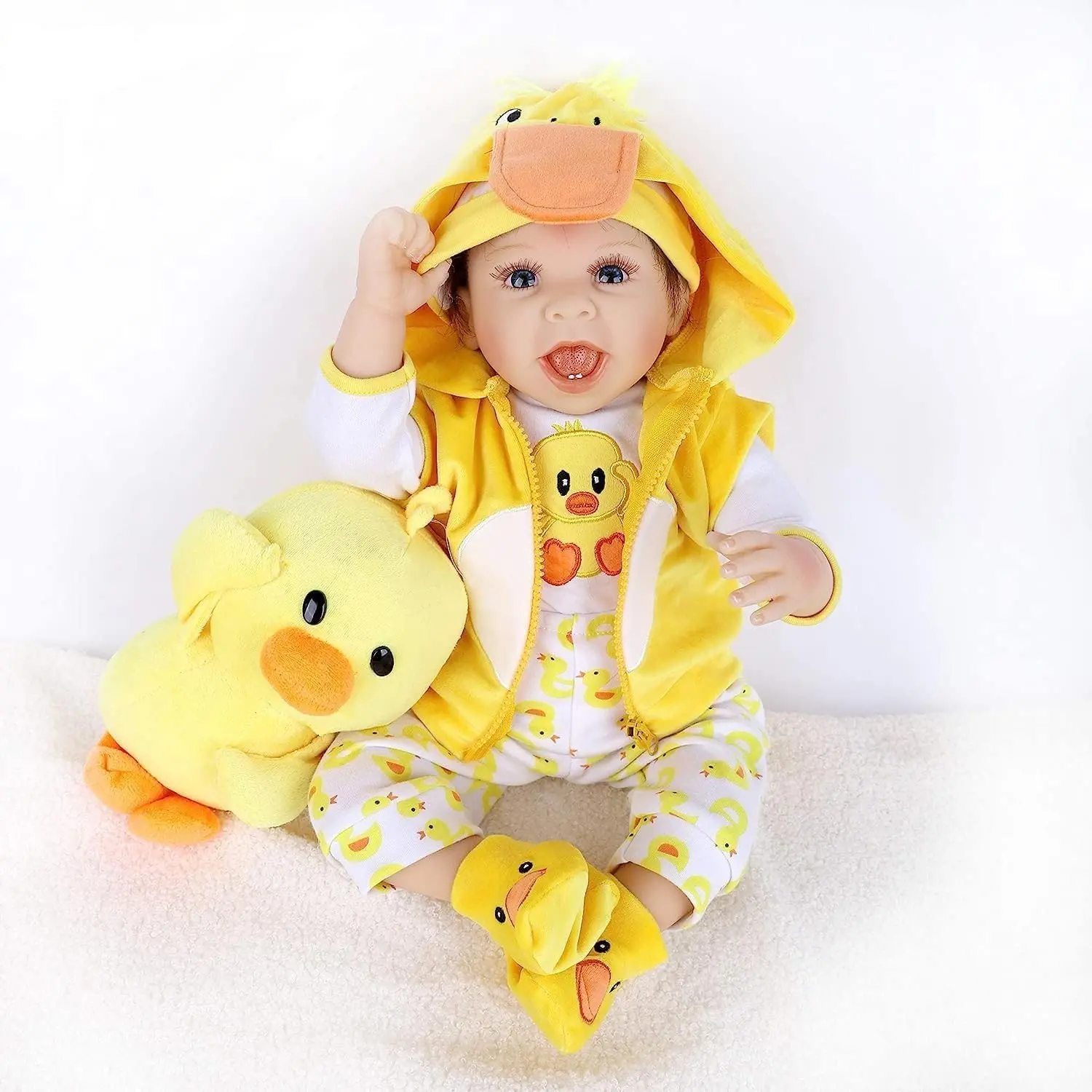 55cm/22 Inches Reborn Boy Doll, Handmade Simulated Short Hair, Blue Eyes Cute Doll, Comes with Yellow Duck Plush Doll, Exquisite Gift Box Packaging
