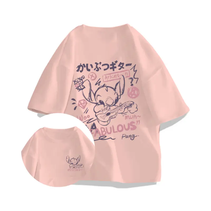 Kaos Wanita Oversize Stitch playing guitar Style baju atasan wanita terbaru | Kaos baju Wanita Cream | Cotton 6