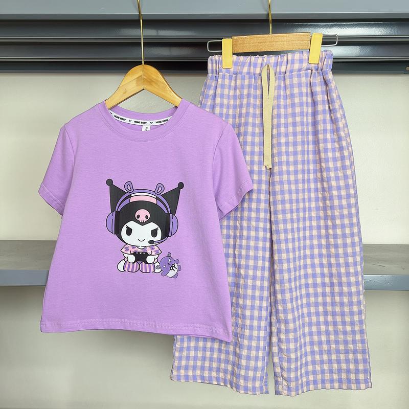Set bộ áo cộc quần xuông kẻ hình in KUROMI Siêu Hot chất mềm mát cho bé gái 18-40kg LONGNHIKIDS BG192 6