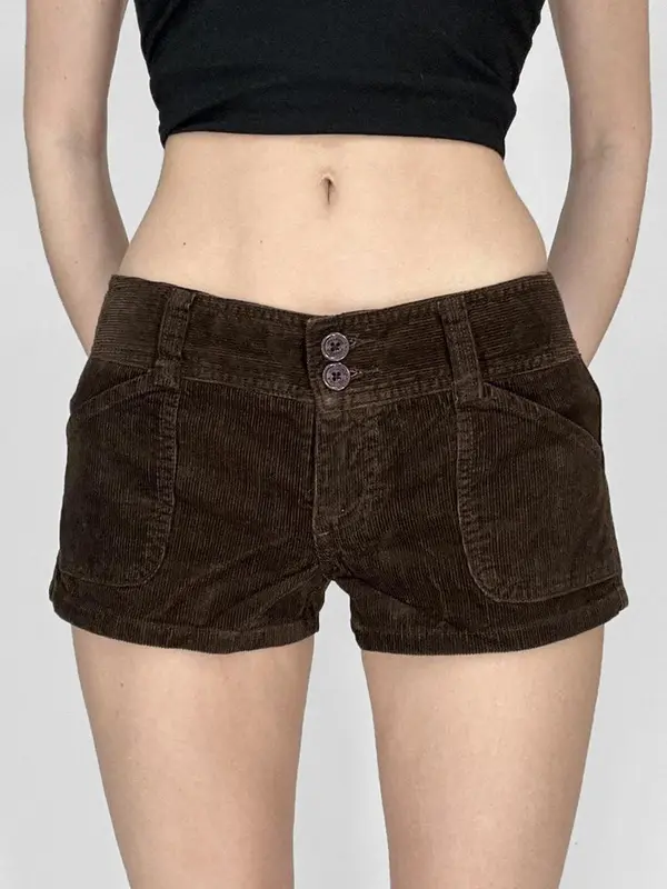 Women's Plain Corduroy Shorts, Casual Drop Waist Pocket Button Shorts for Daily Wear, Ladies Bottoms for Fall & Winter 1