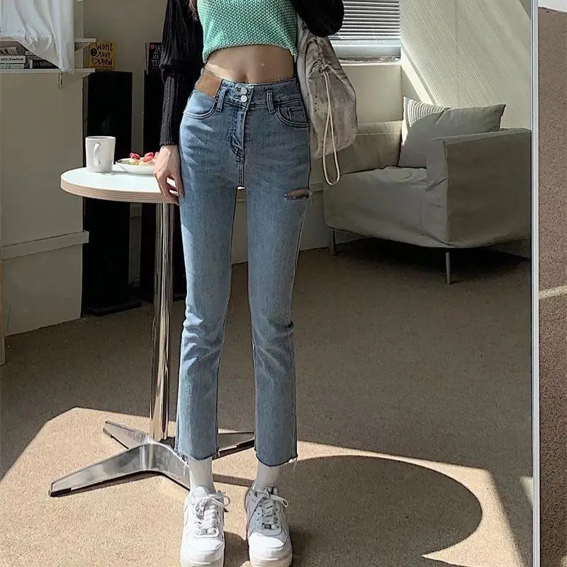 Jeans Wanita Warna Cerah Sembilan Titik, Temperamen, Pinggang Tinggi, Jeans Lurus Trendi Alami, Jeans Populer Wanita / K81