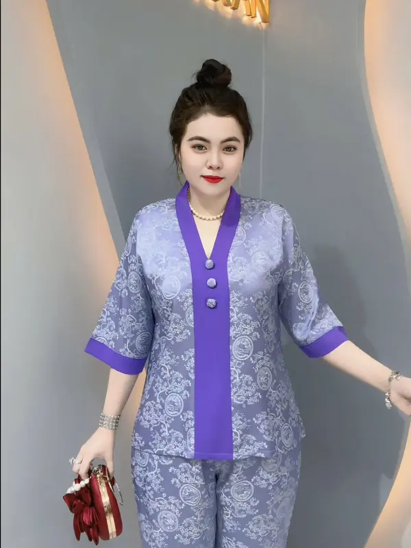 Bộ BÀI LAI GẤM NÚT BỌC tay lỡ quần dài, bộ gồm 2 món áo và quần. 6