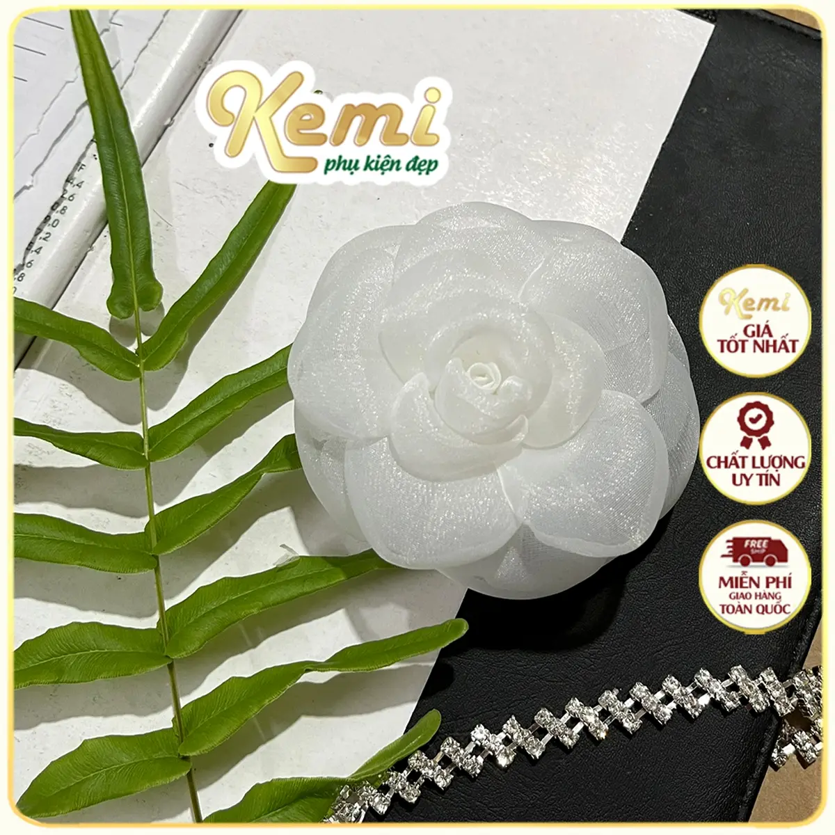 Tag hoa cài áo có đé cài sẵn hình trà cung đình cánh voan size lớn nhiều màu trang trí váy,túi, quần áo Kemi phụ kiện