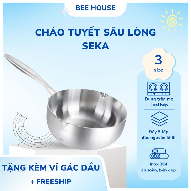 Chảo nguyên khối sâu lòng Seka size 22cm, 24cm, 26cm tặng kèm vỉ gác dầu có nắp chảo  chống dính tự thân