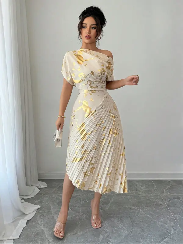 Women's All Over Print Asymmetrical Neck Dress, Elegant Fashion Casual Dress for Daily Outdoor Wear, Women Dress for Summer 0