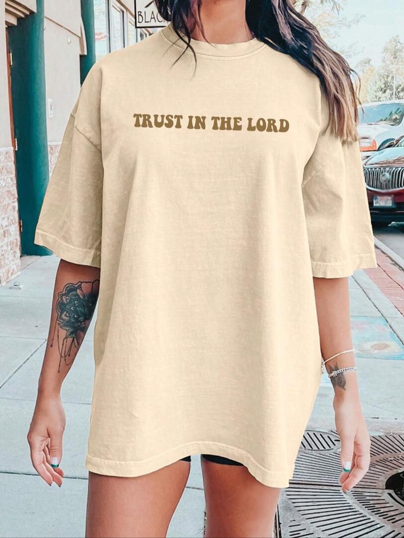 Product Introduction of Women's Plain / Letter Print Drop Shoulder Tee, Casual Comfy Graphic Print Half Sleeve Round Neck T-Shirt for Summer, Fashion Simple Women's Top for Daily Wear, Clothing 7