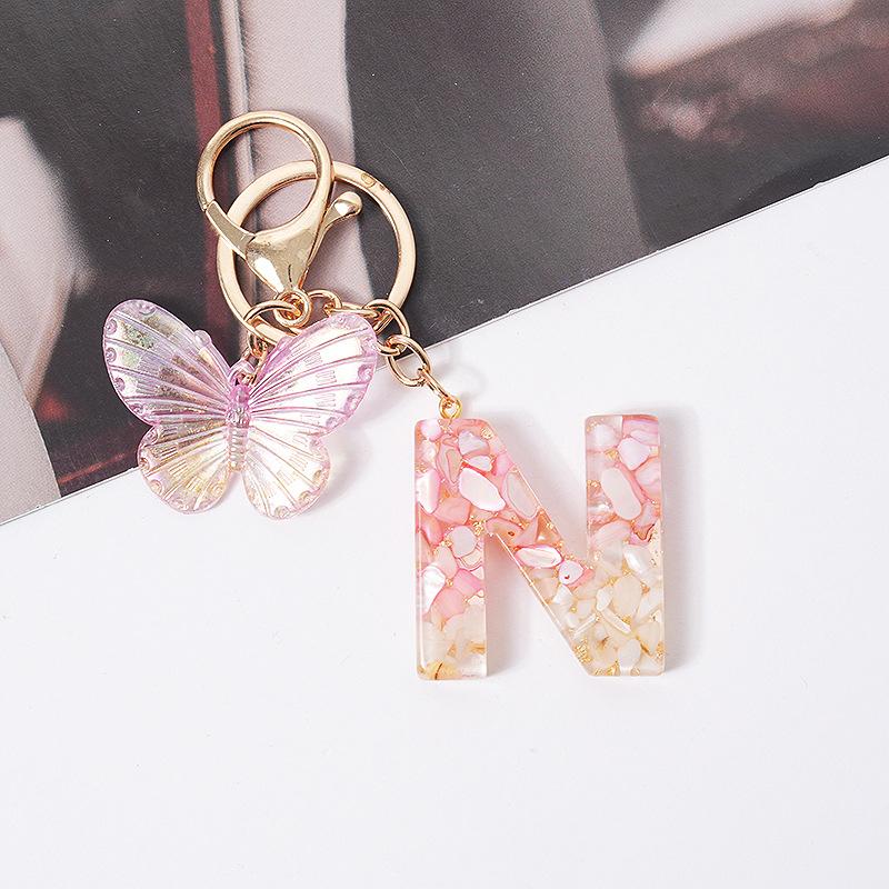 Product Introduction of [QQQ]Pink Dream Butterfly 26 Letters A To Z Resin Keychain 26 Initials White Stone  Leaf Pendant Keyring Backpack Charm Bag Decor 28