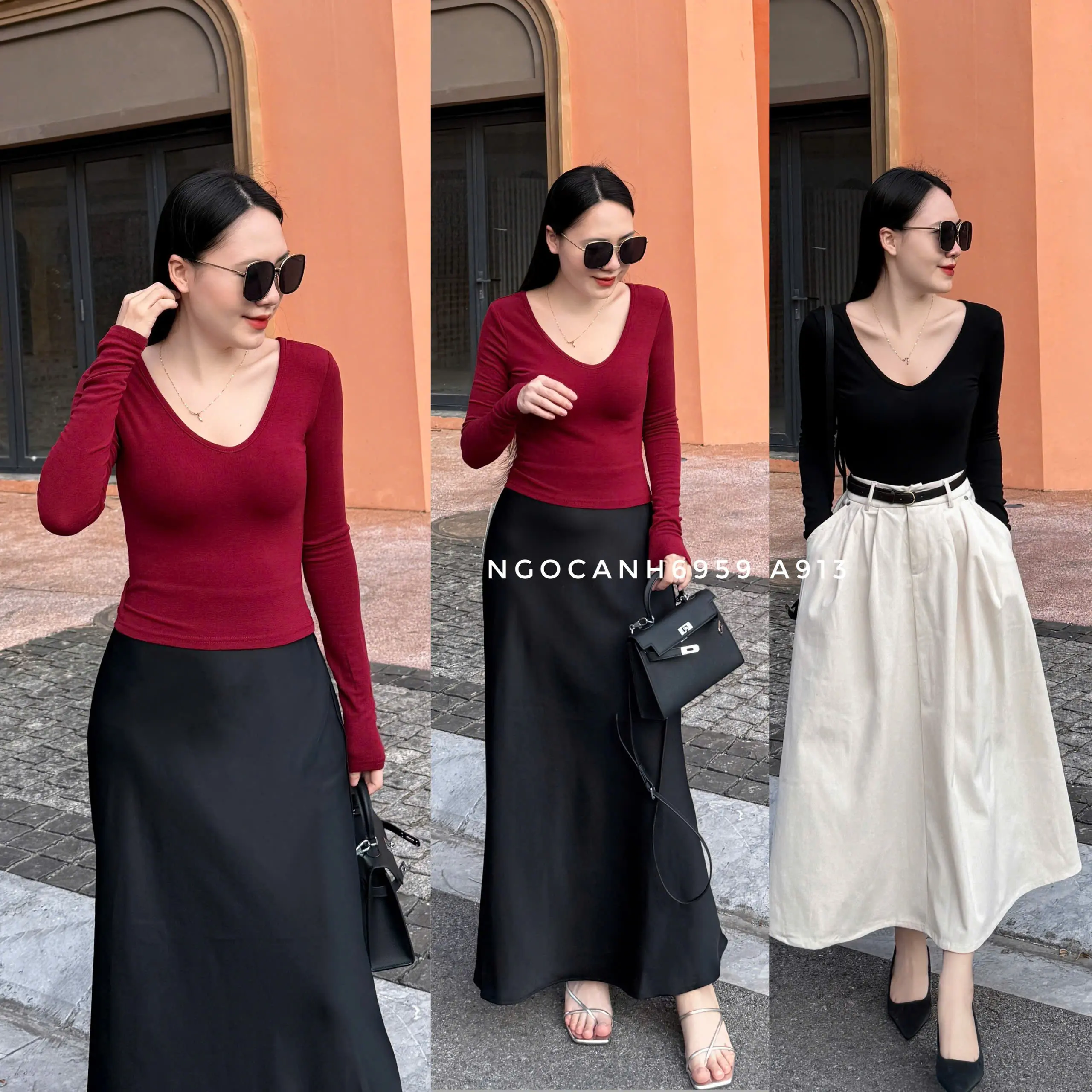 Ngocanh6959 A913 Áo thun nữ trơn màu dài tay