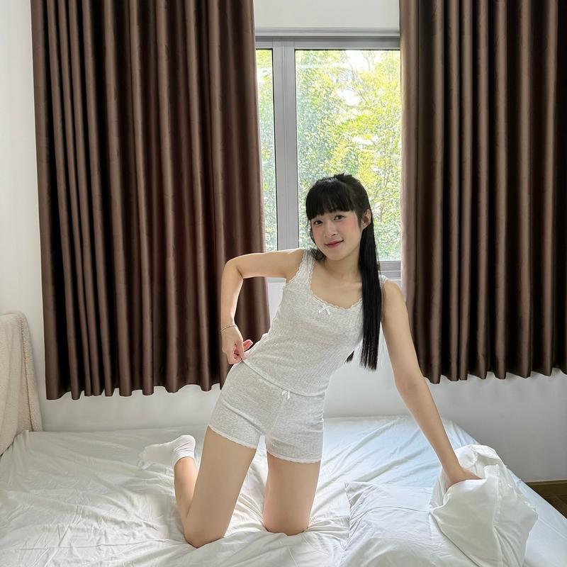 MELLOW-Set bộ đồ ngủ nữ ba lỗ ML03 đính nơ phối ren form basic, thun cotton size S/M/L 3